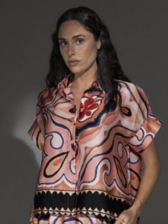 Societe Anonyme Tops - Societe Anonyme Peach and Navy Swirl Button-Up Top